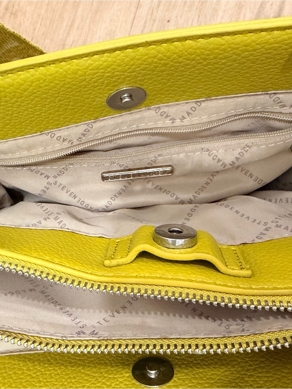 Steve Madden yellow/green Structured Top-Handle Satchel with Branded Strap - Picture 5 of 8